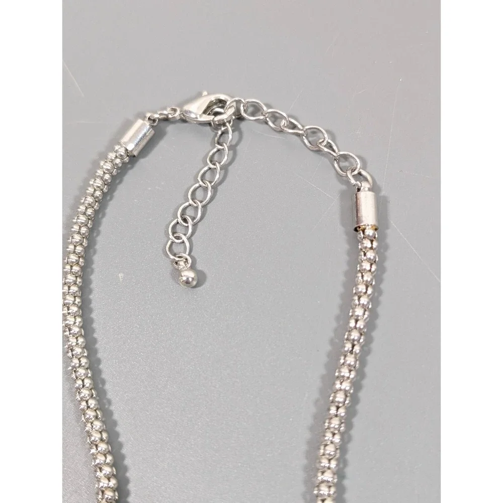 Blue‎ Enamel Hammered Statement Necklace Silver Tone Western Boho 22